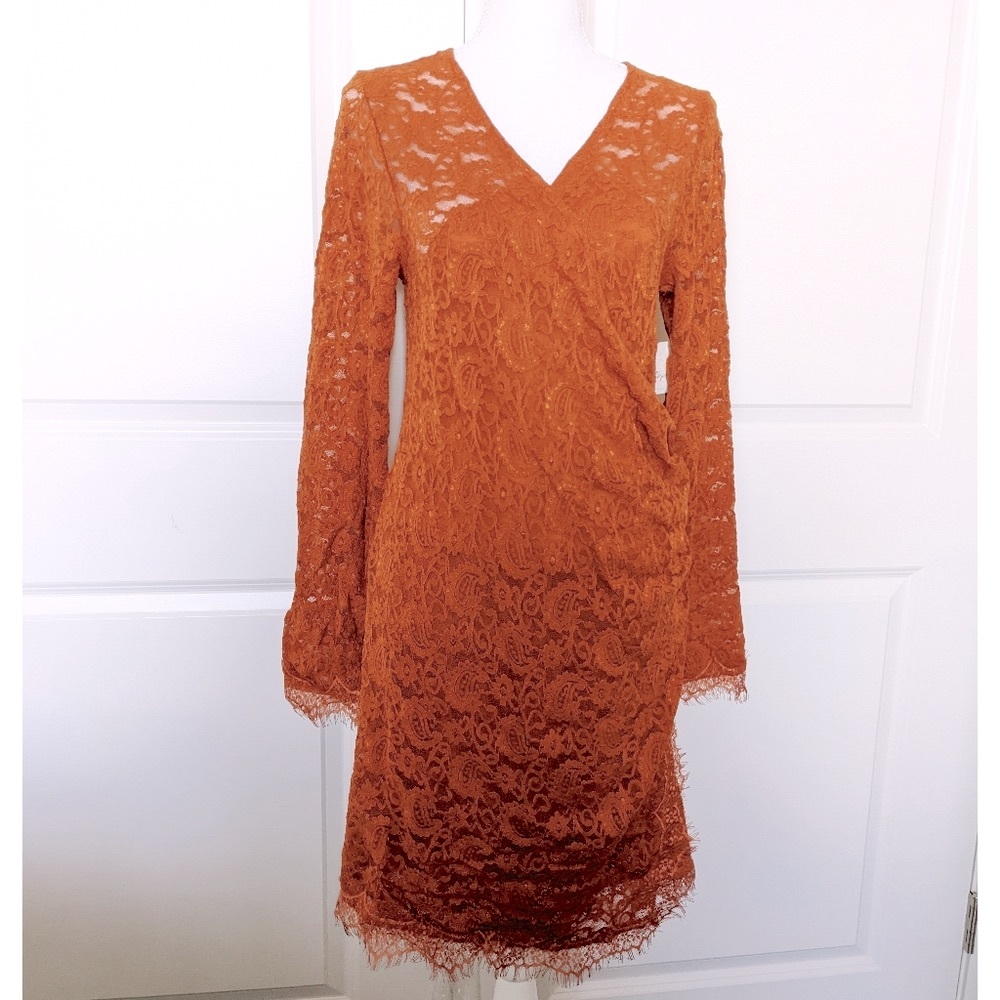 Free People Rust Lace Faux Wrap Mini Dress Long Sleeve Shear Size XL